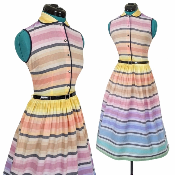 1950s Rainbow Dress 50s Vintage Fit N Flare Summer Tea Retro XS Rhinestone RARE - Picture 4 of 11